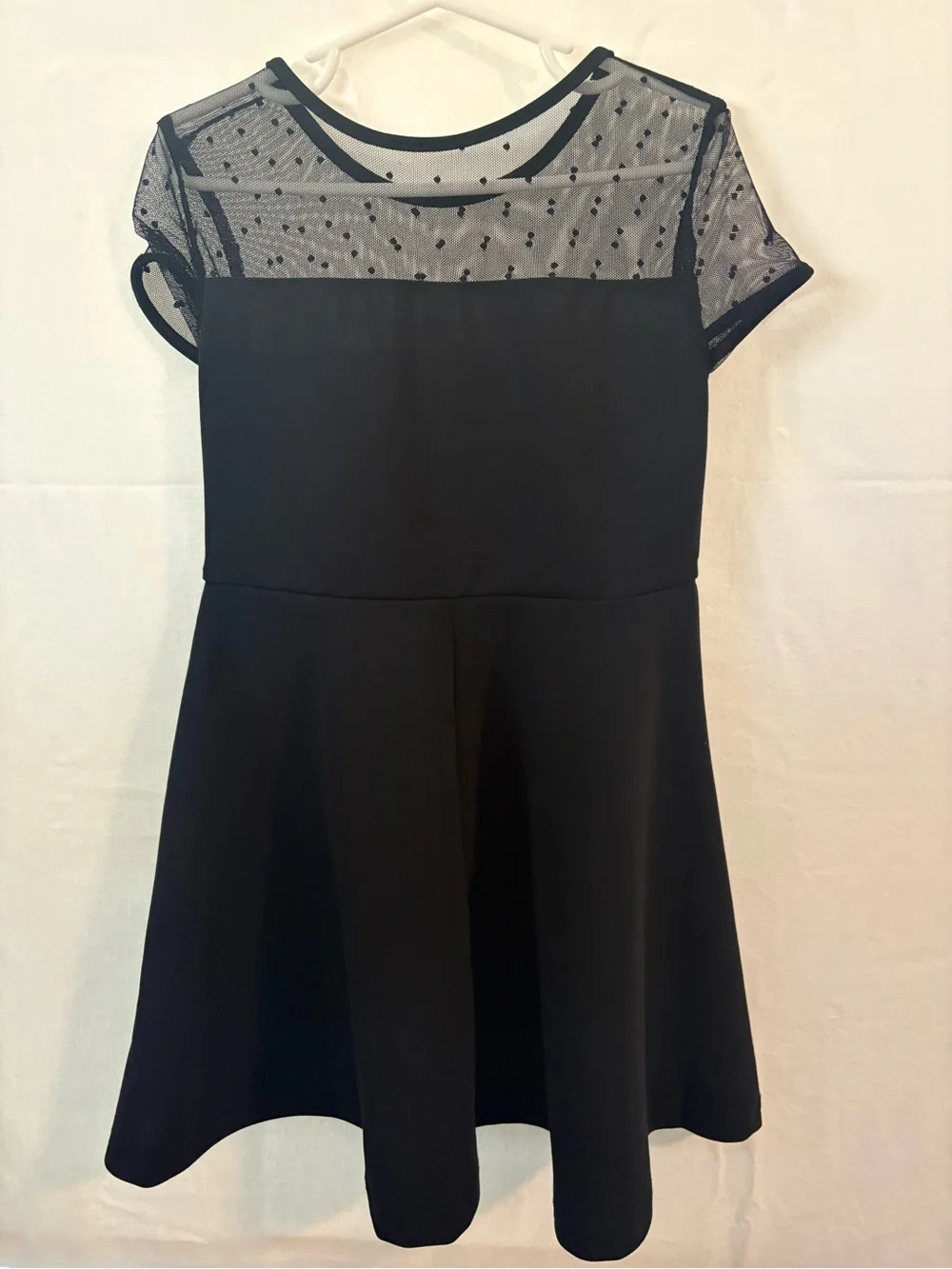 Girls Black Fit-and-Flare Dress with Sheer Polka Dot Yoke